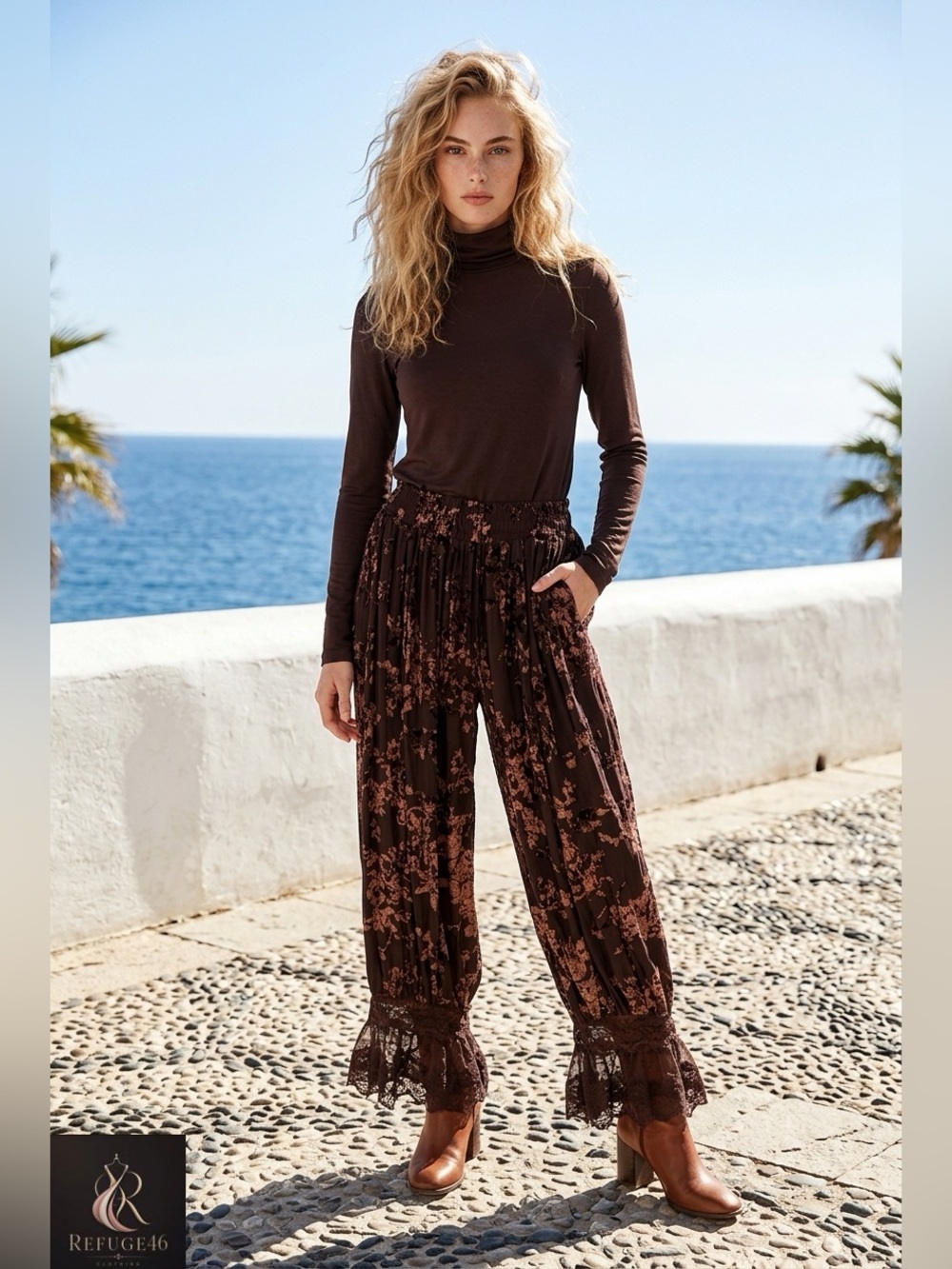 Lantern Pants - Lace Floral Flocked Elastic Waist Coffee NEW WITH TAGS